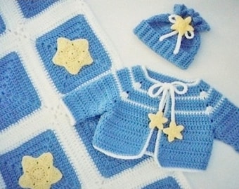 Pdf Crochet Pattern - STAR STRUCK - Crocheted Baby Star Blanket Matching Cardigan,Hat 6-9 Months - No Sew Applique - Instant Download - Easy