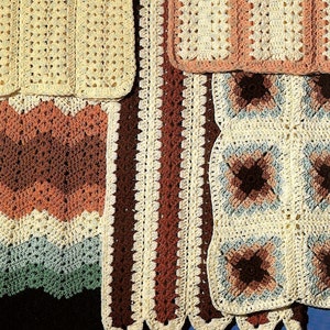 May include: Five crochet afghan patterns, including a double-quick mile-a-minute pattern, a striped pattern, and a square pattern.