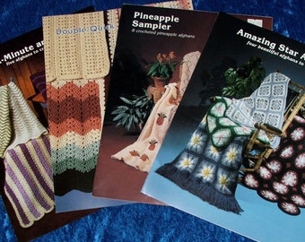 Lot 4 Beautiful Crochet AFGHAN PATTERN BOOKS by jao Enterprises. Amazing Star Afghans,Mile A Minute Violets,Pineapple Sampler & Double Quick