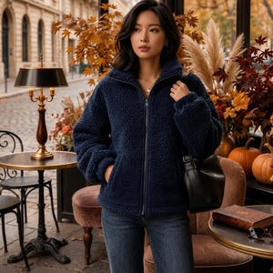 Può includere: Giacca in pile blu navy con chiusura a zip completa e collo alto. La giacca ha due tasche anteriori ed è abbinata a jeans in denim scuro. Lo sfondo presenta un'ambientazione da caffè all'aperto con fogliame autunnale.