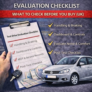 May include: A car test drive evaluation checklist with a silver car in the background. The checklist includes items like handling, braking, dashboard controls, and post-test checklist. The image also includes a key, money, and the UK flag.