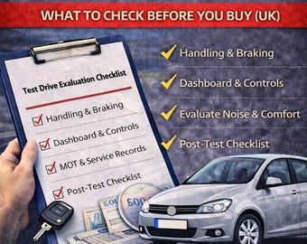 Op de afbeelding: Een checklist voor de evaluatie van een proefrit met een zilveren auto op de achtergrond. De checklist bevat items zoals handling, remmen, dashboardbediening en post-test checklist. De afbeelding bevat ook een sleutel, geld en de Britse vlag.