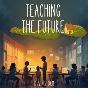 Op de afbeelding: Illustratie met de tekst "TEACHING THE FUTURE" boven een klaslokaal. De afbeelding toont leerlingen en leerkrachten die met computers werken. De bovenkant van de afbeelding luidt "NEW MEDIA AND CREATIVITY IN THE CLASSROOM".