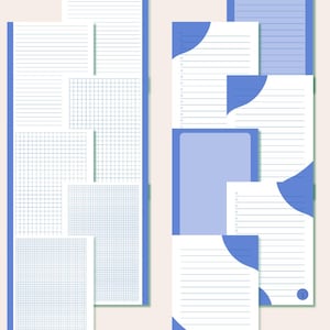 Puede incluir: Dos montones de papel con bordes azules y varios estilos de papel. Uno presenta papel rayado y cuadriculado, mientras que el otro tiene páginas rayadas y en blanco. Cada página tiene un diseño de esquina azul y un pequeño emblema circular.