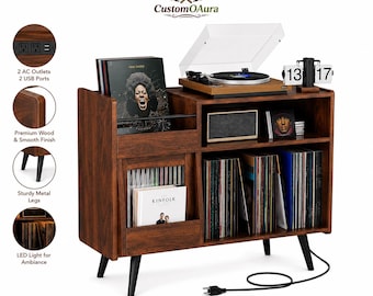 Record Player Stand with Retro Flip Clock, Vinyl Storage Cabinet with Sliding Door, LED Record Table, Music Room Furniture
