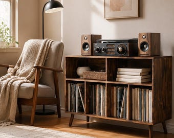 Mid Century Record Player Stand with Vinyl Storage, Turntable Cabinet with Charging Station, Media Console Table for Living Room