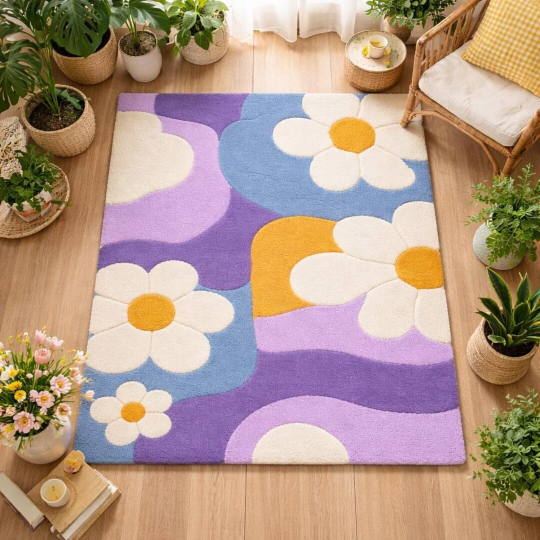 Hand-tufted Wool Daisy Rug – Retro Floral Carpet - Etsy