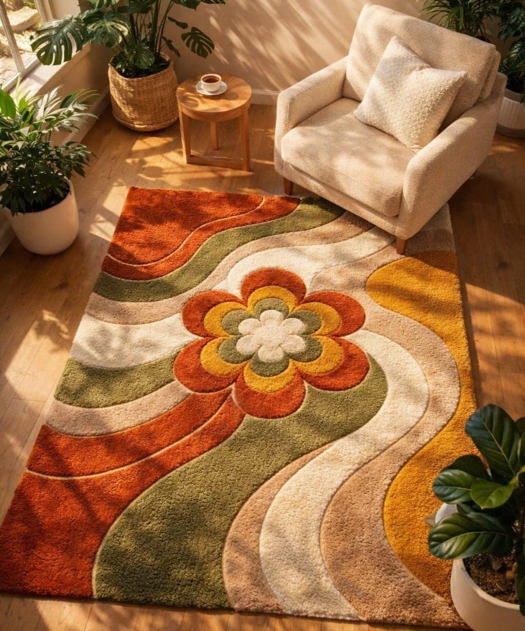 Retro Floral Rug – 70s Wavy Pattern Boho Living Room Carpet - Etsy