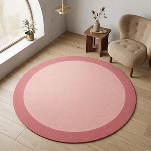 Blush Bordered Wool Rug, Round or Rectangular, Living Room Bedroom Decor