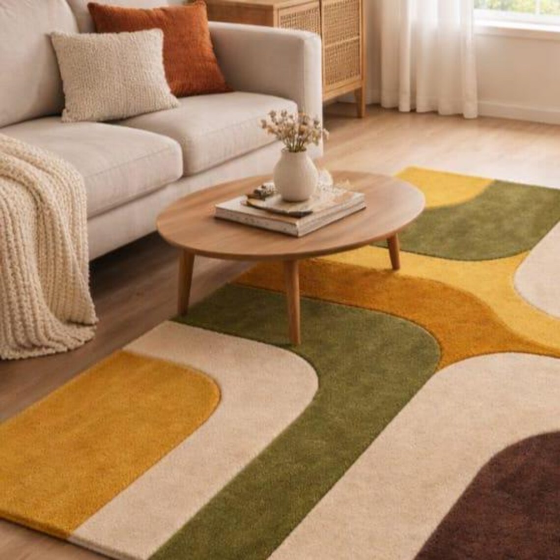 Mid Century Modern Rug – Geometric Pattern Carpet for Living Room Hand ...