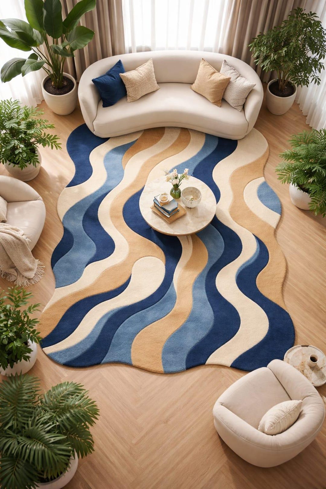 Blue Wavy Pattern Rug Blue Beige Wave Pattern Rug – Soft Modern Abstract Carpet for Home ...