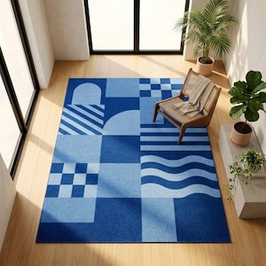 Modern Geometric Area Rug - Blue Abstract Patchwork Design - Large Rectangular Rug