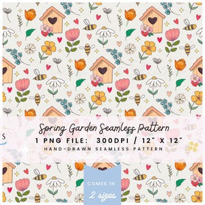 Op de afbeelding: Een naadloos patroon met handgetekende illustraties van een lentetuin. Het ontwerp bevat vogelhuisjes, bijen, bloemen en harten in een herhalend patroon op een lichte achtergrond. De tekst "Spring Garden Seamless Pattern" wordt weergegeven.