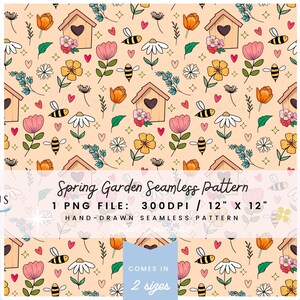 Op de afbeelding: Een naadloos lentetuinpatroon met handgetekende illustraties van vogelhuisjes, bijen, bloemen en harten op een perzikachtergrond. Het patroon is 30,48 cm x 30,48 cm en bevat de tekst "Spring Garden Seamless Pattern".