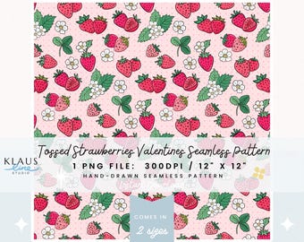 Tossed Strawberries Valentine Seamless Pattern | Strawberry Floral Digital Paper | Pink Valentine Fabric & Wallpaper Design