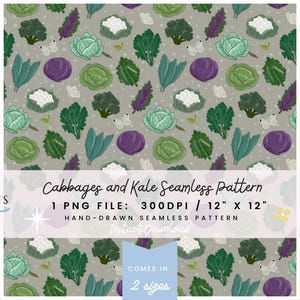 May include: A seamless pattern featuring illustrations of cabbages, kale, and butterflies in shades of green, purple, and white on a gray background. The text "Cabbages and Kale Seamless Pattern" is displayed. The pattern is 12" x 12".