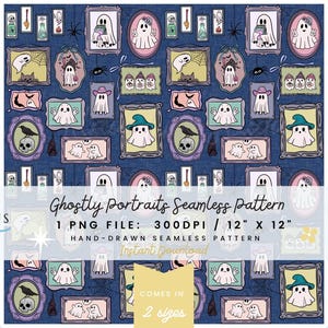 Puede incluir: Un patrón digital sin costuras con varios fantasmas blancos en marcos coloridos sobre un fondo azul oscuro. El diseño incluye fantasmas con sombreros, sosteniendo objetos y junto a calaveras, arañas y murciélagos. El texto dice Ghostly Portraits Seamless Pattern, 1 PNG FILE: 300DPI / 12" X 12", HAND-DRAWN SEAMLESS PATTERN, Instant Download, COMES IN 2 sizes.