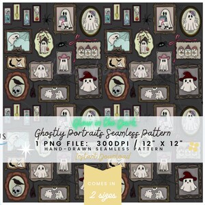Puede incluir: Un patrón digital sin costuras con varias ilustraciones enmarcadas de fantasmas, calaveras y arañas sobre un fondo gris oscuro. El texto dice: Glow in the dark, Ghostly Portraits Seamless Pattern, 1 PNG FILE: 300DPI / 30,48 cm X 30,48 cm, HAND-DRAWN SEAMLESS PATTERN, Instant Download, COMES IN 2 sizes.