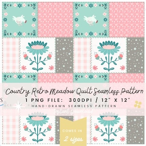 Puede incluir: Un patrón de edredón sin costuras con un tema de pradera retro campestre. El diseño presenta cuadrados con motivos florales y de gallinas en rosa, verde azulado y gris. El patrón mide 30,48 cm por 30,48 cm.