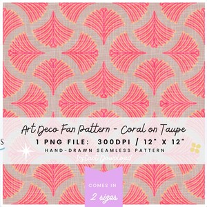 Puede incluir: Patrón de abanico Art Déco en coral sobre fondo topo. El diseño presenta formas de abanico repetidas en tonos coral. La imagen incluye el texto "Art Deco Fan Pattern - Coral on Taupe" y dimensiones de 30,48 cm x 30,48 cm.