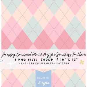 Może przedstawiać: Bezszwowy wzór cyfrowy z preppy wzorem argyle. Wzór przedstawia romby w kolorze różowym, jasnoniebieskim i brzoskwiniowym, obrysowane przerywanymi liniami. Wyświetlany jest tekst "Preppy Diamond Plaid Argyle Seamless Pattern".