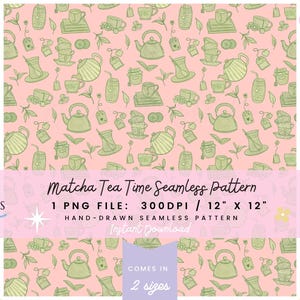 May include: A seamless pattern featuring hand-drawn green tea-themed illustrations on a pink background. The design includes teapots, cups, tea bags, and leaves. The text "Matcha Tea Time Seamless Pattern" is displayed.