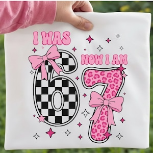 以下が含まれることがあります： ピンク色の「I WAS 6」と「NOW I AM 7」の文字が入った白いTシャツ。数字の6は市松模様で、数字の7はピンクのヒョウ柄。ピンクのリボンと星がデザインを飾っています。