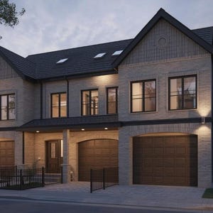 Puede incluir: Un edificio residencial con fachada de ladrillo, tejado oscuro y múltiples ventanas. El edificio tiene garajes adjuntos con puertas marrones y un pequeño jardín delantero con una valla negra. El cielo está nublado.