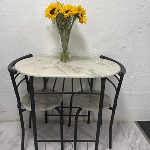 2-Piece Wooden Dining Table Set with 2 Chairs, Marble White Round Tabletop, Space-Saving Kitchen & Breakfast Nook Furniture