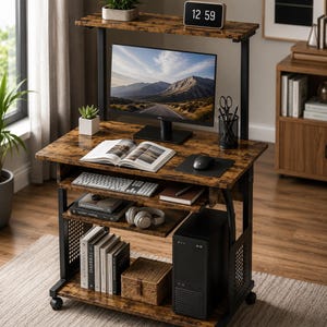 Rolling Computer Desk with Hutch and Storage Shelves, Rustic Brown Home Office Workstation, Mobile Laptop Desk, Housewarming Gift