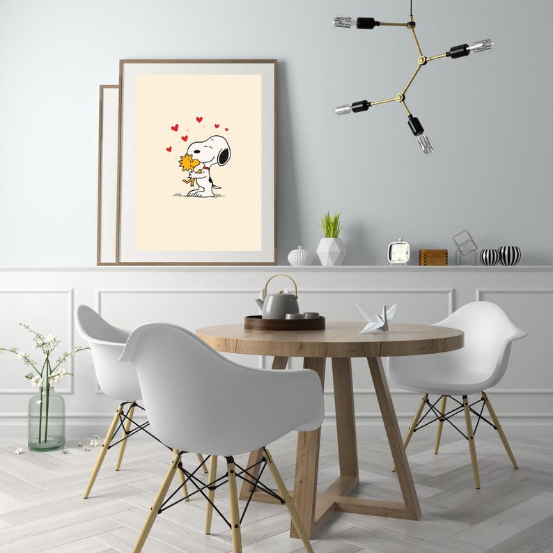 Snoopy Hug Wall Art Peanuts Poster Woodstock Hearts Cartoon Love Beige ...