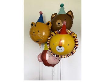 Animal Balloons with Party Hat Mylar Balloons - Lion, Bear, Monkey, Tiger - Party Animal Decorations Safari Zoo