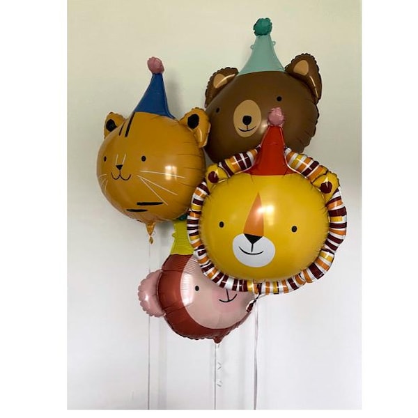 Animal Balloons with Party Hat Mylar Balloons - Lion, Bear, Monkey, Tiger - Party Animal Decorations Safari Zoo