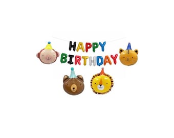 Happy Birthday Letter Balloons Animals with Party Hat Tiger Bear Lion Monkey Circus Birthday Decorations