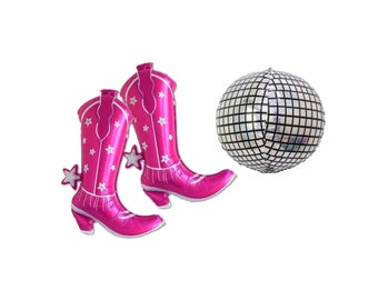 Pink Cowgirl Boot Balloon, Disco Cowgirl Bachelorette, Last Rodeo Decorations, Disco Ball Balloon, Nashville Bachelorette, Lets Go Girls