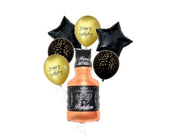 Aged to Perfection Birthday Bouquet - Whiskey Balloon - Black Mylar Star - Happy Birthday Gold Latex Balloons - Black w/Gold Dots