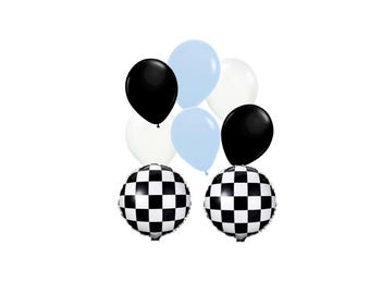 Race Car Themed Bundle - Set of 8 Balloons - 2 Checkered Round Foil Balloons, 6 Latex Balloons