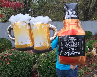 Whiskey Balloon Aged to Perfection Happy Birthday Balloon Whiskey Gin Bourbon Toasting Beer Mugs Balloon 30th Birthday 40th Birthday