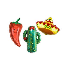 Fiesta Balloons: - Red Chili Pepper Balloon - Sombrero Balloon - Cactus Balloon - Lets Fiesta Party Decorations