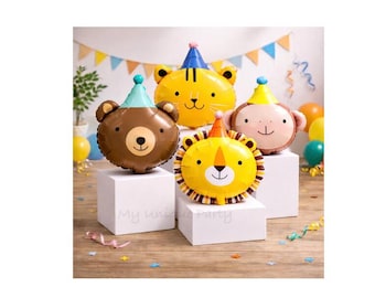 Animal Balloons with Party Hats - Bear, Tiger, Monkey, Lion - Set of 4  Circus Themed Birthday Party