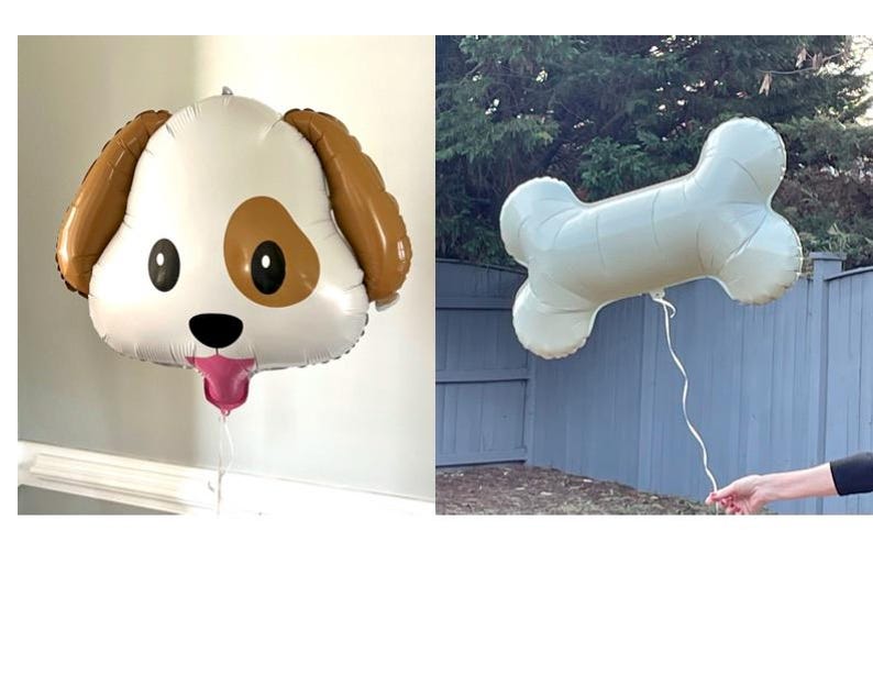 May include: Two foil balloons: one shaped like a dog's head with brown ears and a pink tongue, and another in the shape of a bone. The dog balloon has a white face with brown spots and black eyes. The bone balloon is light green.