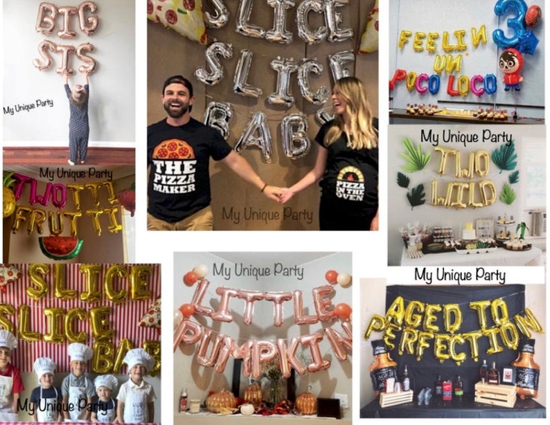 Pode incluir: Uma colagem de decora&ccedil;&otilde;es de festa, incluindo faixas de bal&otilde;es que dizem "BIG STS", "SLICE BAB", "FEELIN UN POCO LOCO", "TWO WILD", "SLICE BAB", "LITTLE PUMPKIN" e "AGED TO PERFECTION". A imagem tamb&eacute;m mostra pessoas vestindo camisas com temas de pizza.