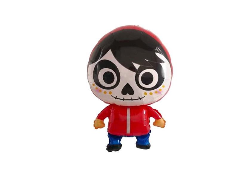 Pu&ograve; includere: Palloncino in lamina a forma di personaggio dei cartoni animati del film Coco. Il palloncino ha una giacca rossa, pantaloni blu e un volto a forma di teschio con capelli neri. Ideale per una festa o una celebrazione.
