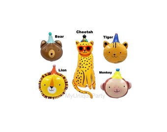 Safari Animal Balloons - Cheetah, Bear, Lion, Tiger, Monkey - Set of 5 mylar foil Balloons - Animals with Party Hats - Birthday Decorations