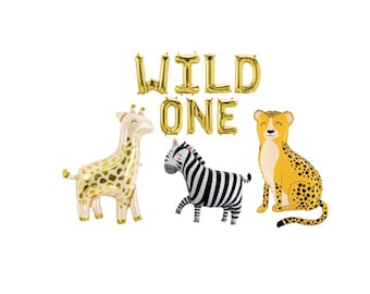 WILD ONE Balloon Banner Wild One Letter Balloons First Birthday Giraffe Zebra Cheetah 1st Birthday Decorations Safari Themed Baby Shower