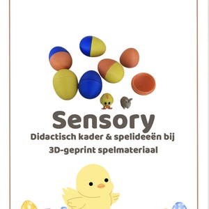 May include: Educational sensory toys with a variety of colorful egg-shaped containers, a small chick, and other figures. The image includes the text "Sensory" and "Didactisch kader & spelideeën bij 3D-geprint spelmateriaal".