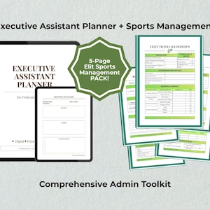 May include: A digital Executive Assistant Planner and Sports Management pack. The image shows a tablet and a smaller tablet with a meeting planner layout. Also included are several pages with green borders and the text "Elite Travel & Logistics". The text "Comprehensive Admin Toolkit" is at the bottom.
