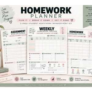 May include: A three-page homework planner kit featuring an assignment breakdown, a weekly homework tracker, and a homework command centre. The pages are white with black text, soft pink, and sage green accents, designed for A4 and US letter paper.