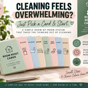 May include: A set of eight pastel-colored Room Reset Cards featuring icons and labels for different home areas including Kitchen, Bathroom, Bedroom, Living Room, Kids' Room, Laundry, and Entryway. The cards are displayed in a fan shape with text.