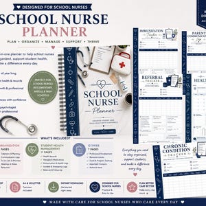 May include: A 26-page printable School Nurse Planner PDF featuring a dark blue and white color scheme. The planner includes sections for immunization, parent communication, referrals, and chronic condition tracking, with medical icons throughout.